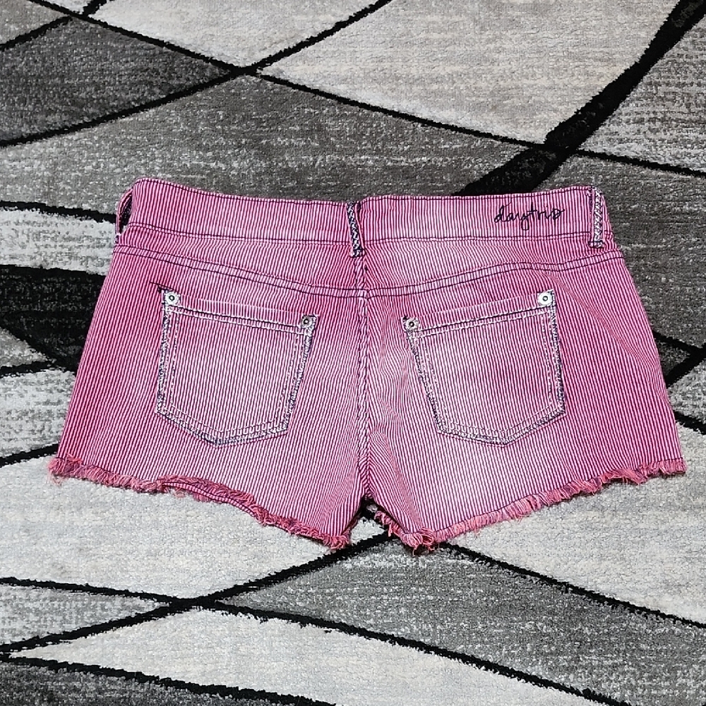 DAYTRIP EMBROIDERED BERRY & NAVY STRIPE METALLIC STITCH RAW-EDGE DENIM SHORTS